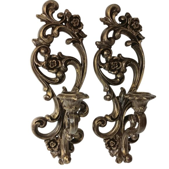 Homco Other - Vintage HOMCO Candleholder Wall Sconces #4118 Brown With Gold Highlights 15"x5"